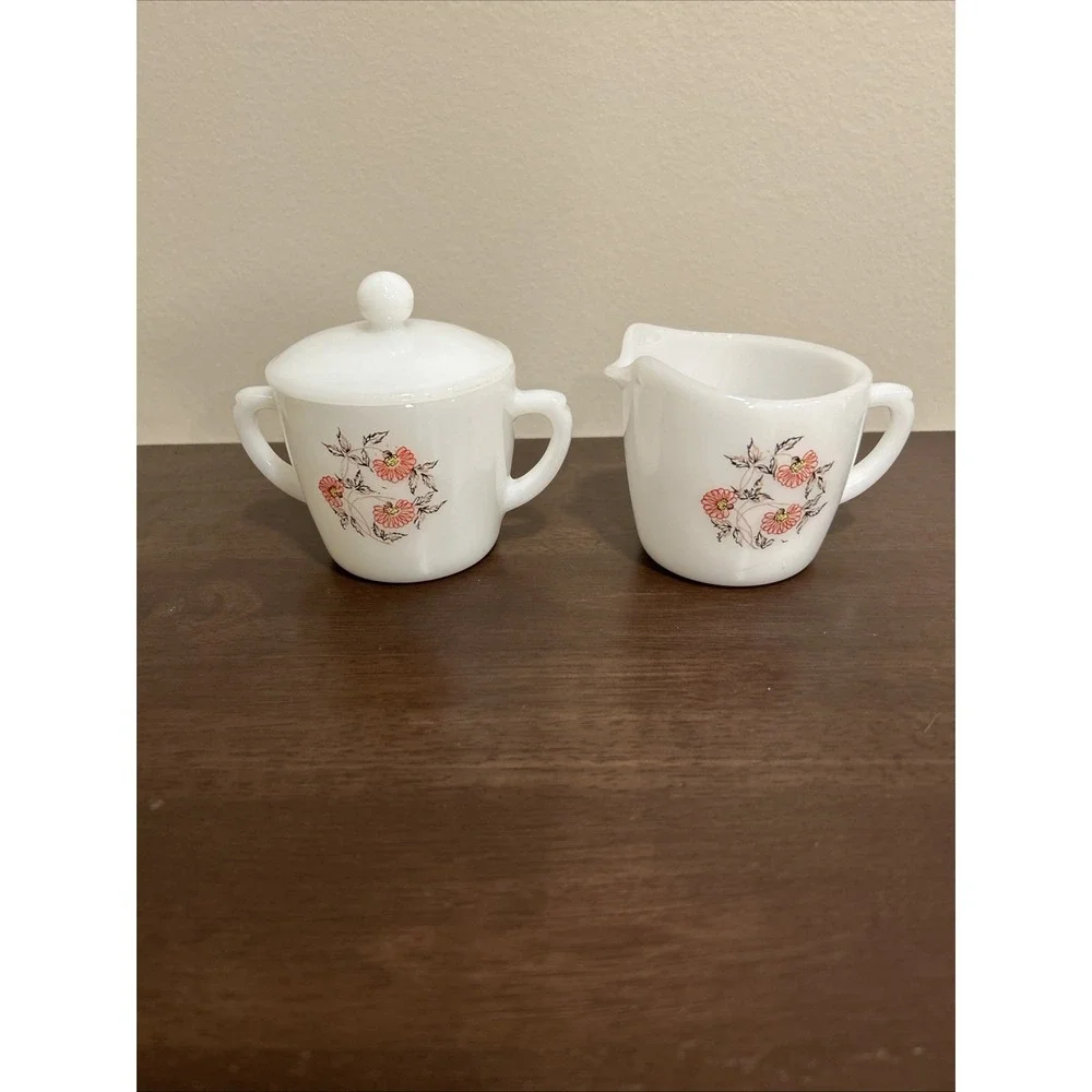 Fire King Fleurette Cream and Sugar Set Milk‎ Glass Floral Vintage